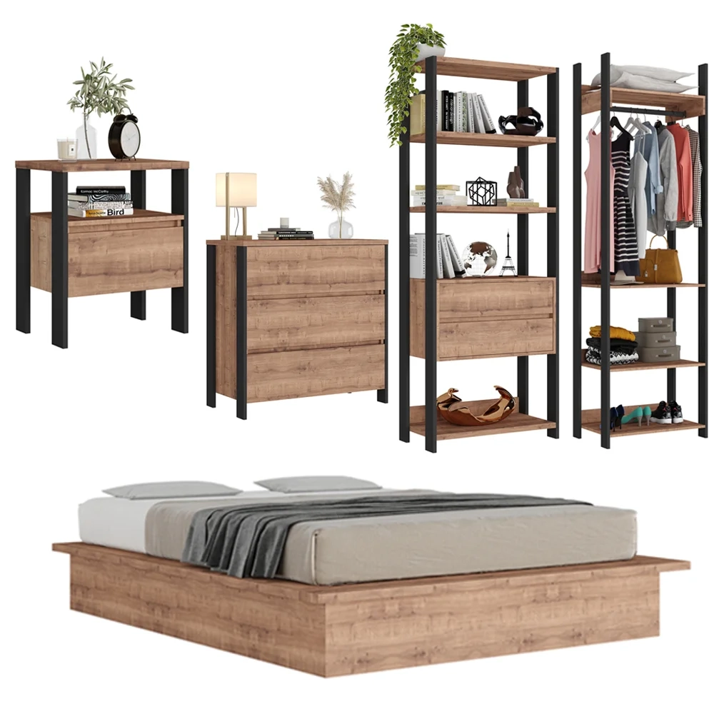 Jogo de Quarto Estilo Industrial 5 Peças Chess F04 Preto/Solanum - Mpozenato