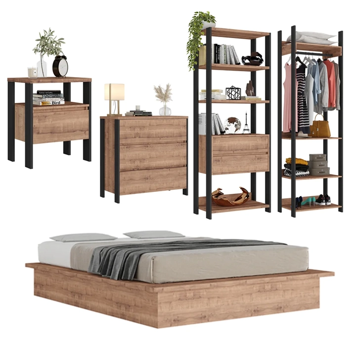 Jogo de Quarto Estilo Industrial 5 Peças Chess F04 Preto/Solanum - Mpozenato