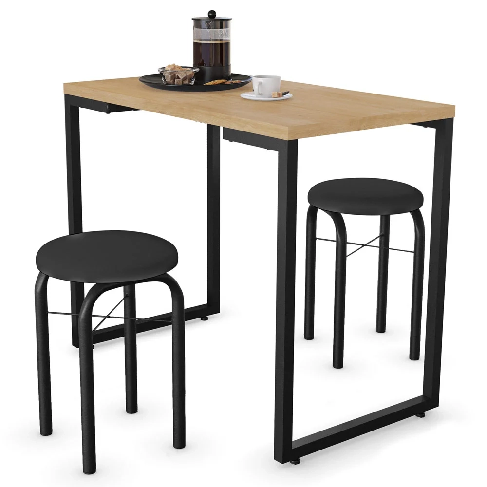Conjunto Mesa de Cozinha Prattica Industrial 90cm com 2 Banquetas F02 Nature/Preto - Mpozenato