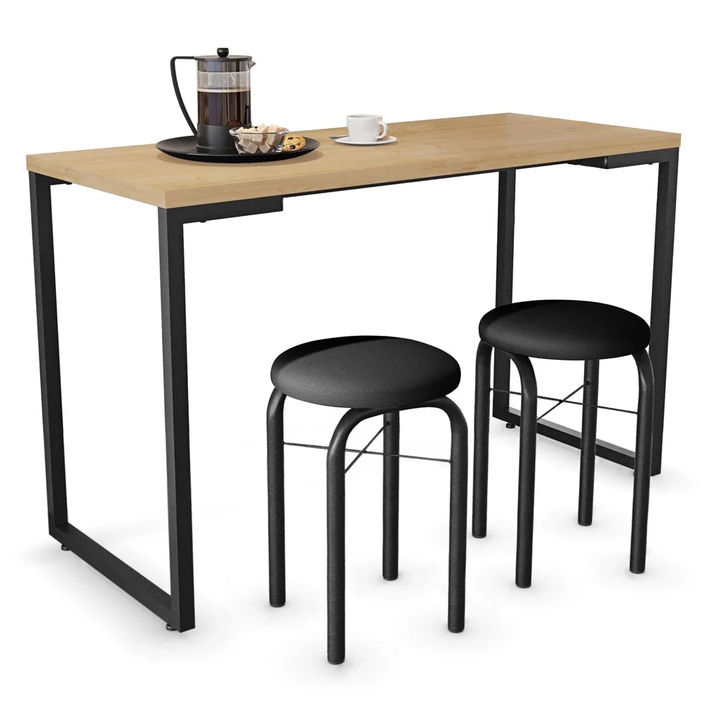 Conjunto Mesa de Cozinha Prattica Industrial 120cm com 2 Banquetas F02 Nature/Preto - Mpozenato