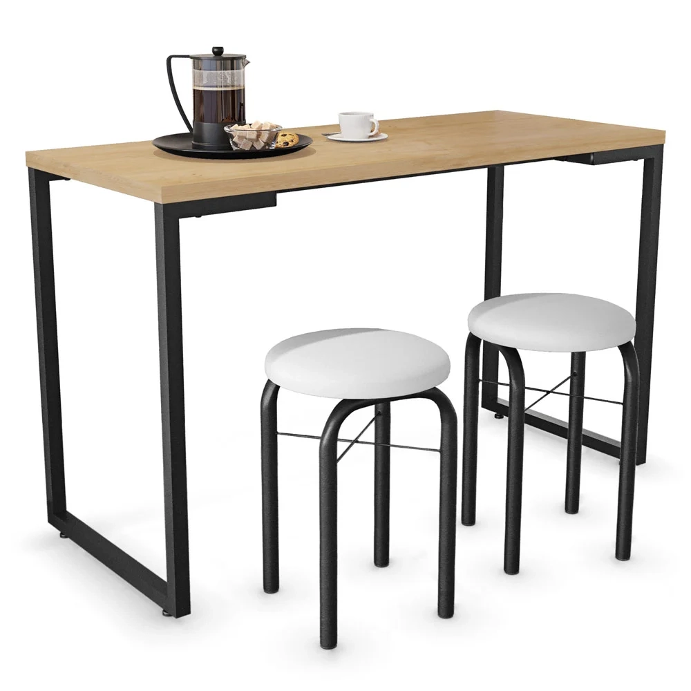 Conjunto Mesa de Cozinha Prattica Industrial 120cm com 2 Banquetas F02 Nature/Branco - Mpozenato