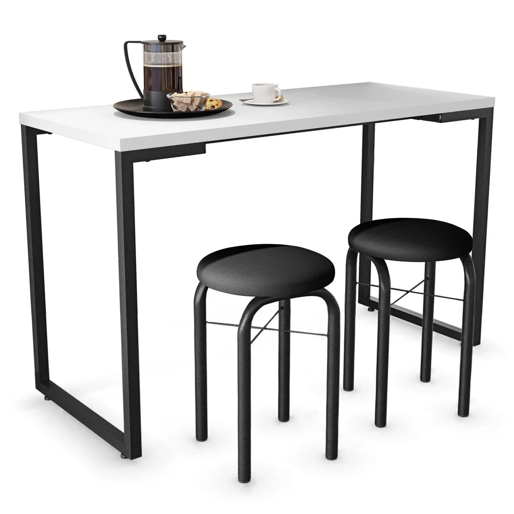 Conjunto Mesa de Cozinha Prattica Industrial 120cm com 2 Banquetas F02 Branco/Preto - Mpozenato