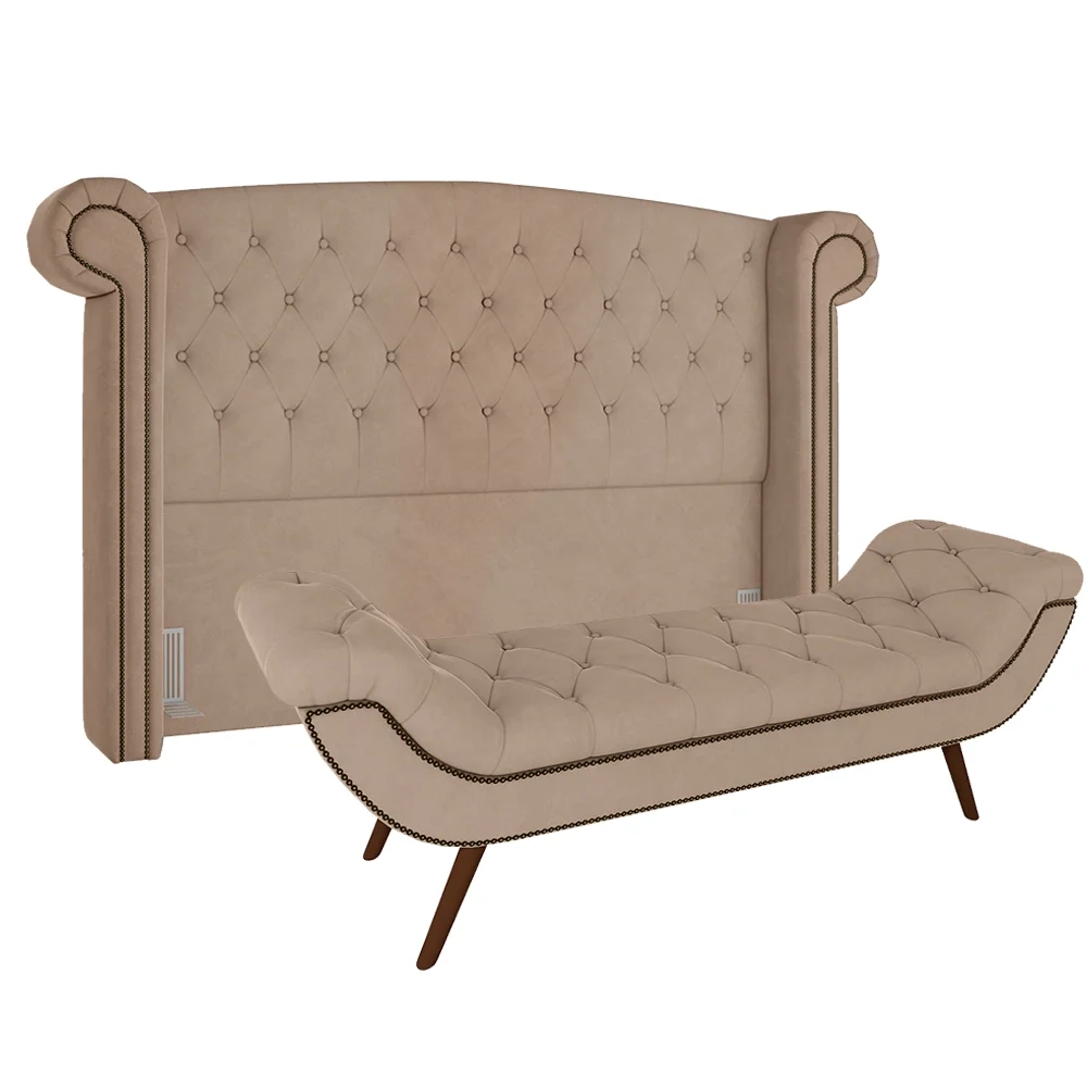 Cabeceira Cama Box Casal Queen 160cm Provença com Calçadeira Vêneto Z37 Veludo Bege - Mpozenato