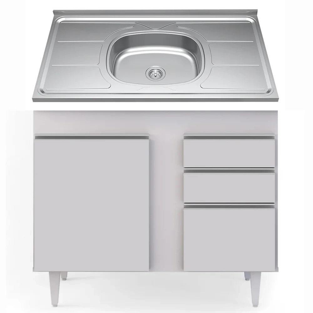 Balcão Gabinete Com Pia Inox 100cm 2 Portas 2 Gavetas Luziania Branco - Lumil 