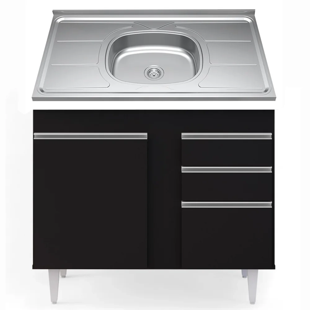 Balcão Gabinete Com Pia Inox 100cm 2 Portas 2 Gavetas Luziania Preto - Lumil 