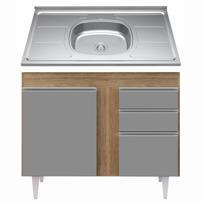 Balcão Gabinete Com Pia Inox 100cm 2 Portas 2 Gavetas Luziania Castanho/Cinza - Lumil