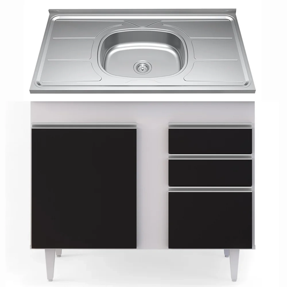 Balcão Gabinete Com Pia Inox 100cm 2 Portas 2 Gavetas Luziania Branco/Preto - Lumil