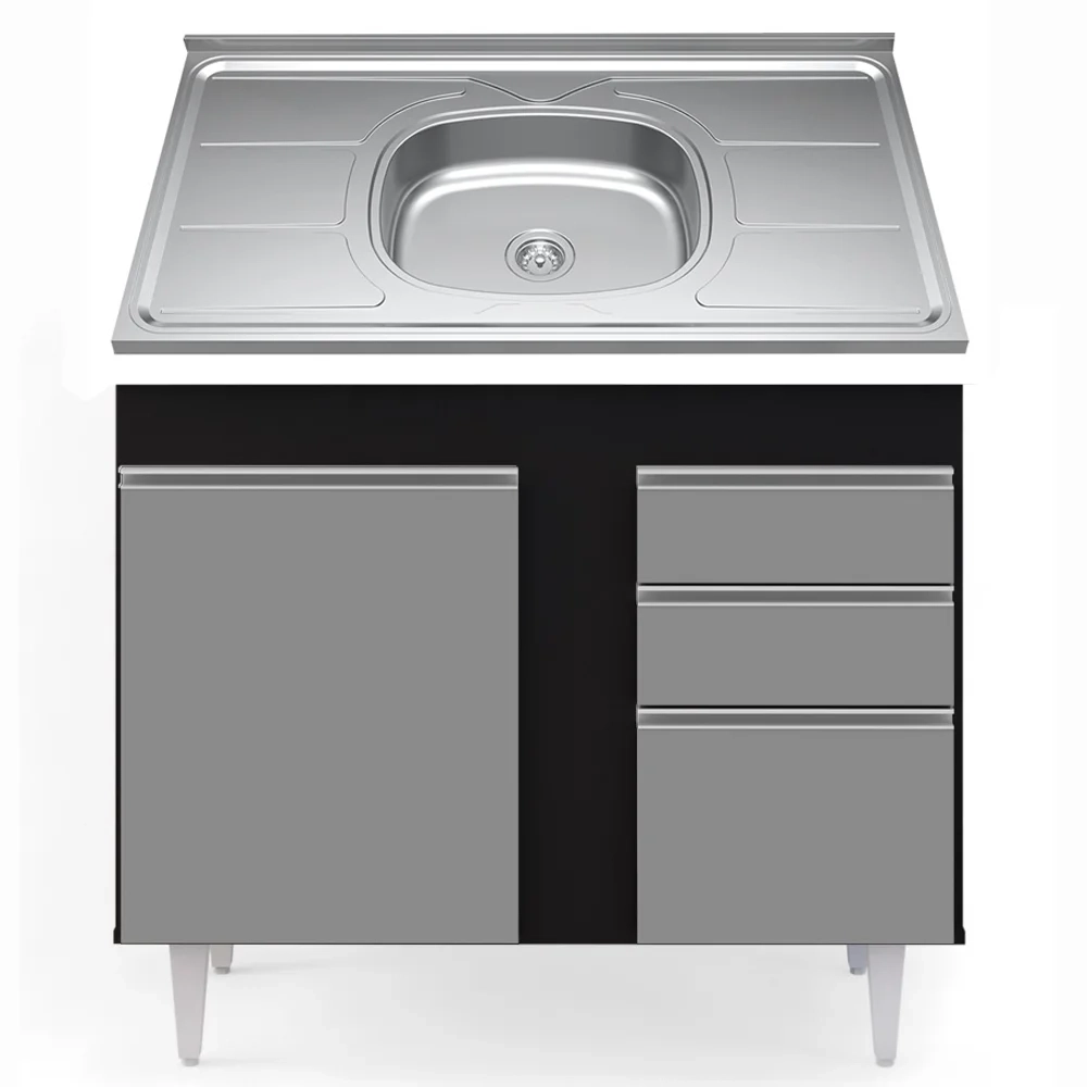 Balcão Gabinete Com Pia Inox 100cm 2 Portas 2 Gavetas Luziania Preto/Cinza - Lumil 
