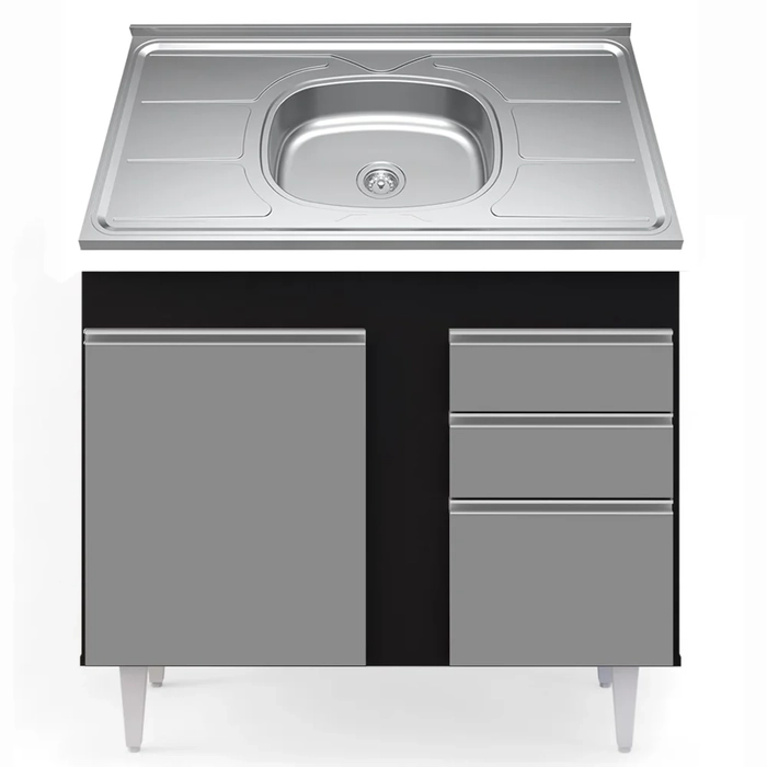 Balcão Gabinete Com Pia Inox 100cm 2 Portas 2 Gavetas Luziania Preto/Cinza - Lumil