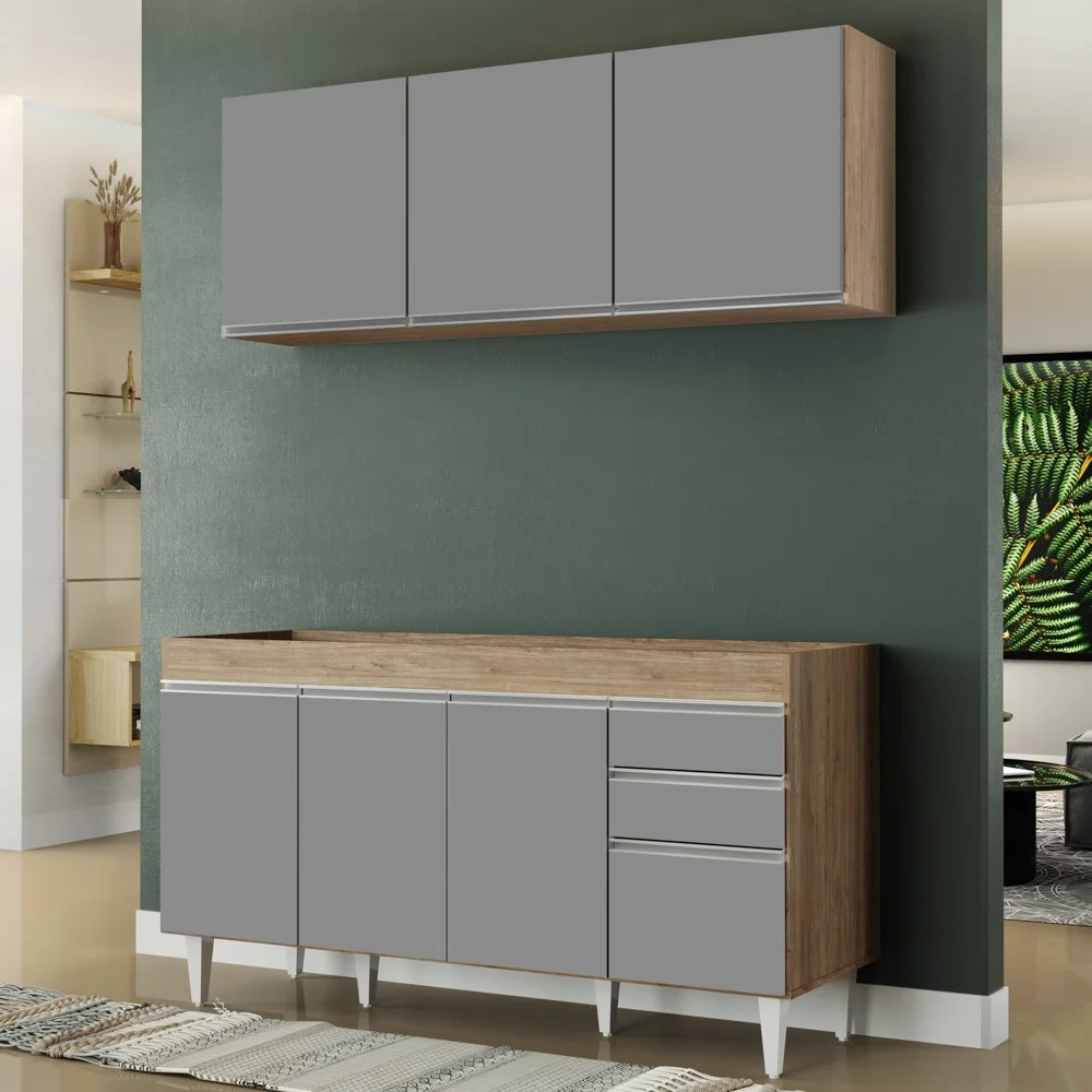 Armário Aéreo Argélia e Balcão Gabinete Para Pia 150cm sem Tampo Marrocos Castanho/Cinza - Lumil Móveis