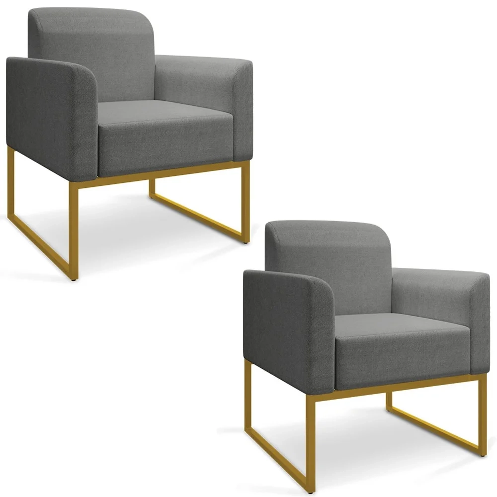 Kit 2 Poltronas Decorativas Base Industrial Dourada Maressa A26 Linho Grafite - Ibiza