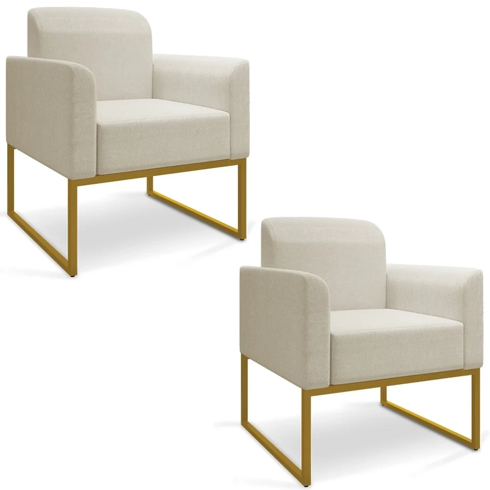 Kit 2 Poltronas Decorativas Base Industrial Dourada Maressa A19 Linho Grosso Bege - Ibiza