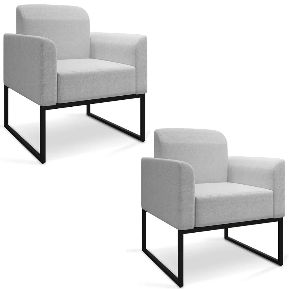 Kit 2 Poltronas Decorativas Base Industrial Preta Maressa A05 Linho Cinza Claro - Ibiza