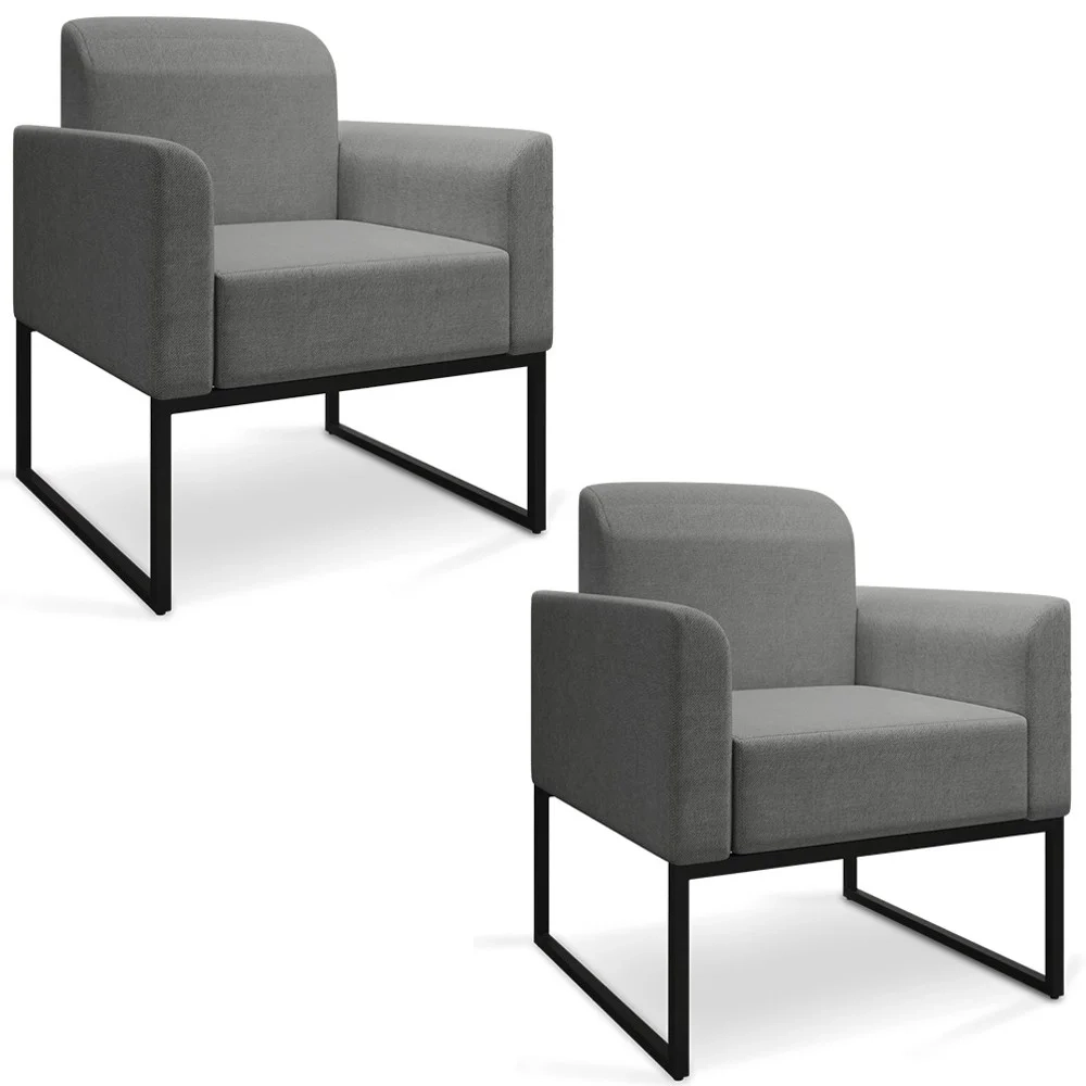 Kit 2 Poltronas Decorativas Base Industrial Preta Maressa A26 Linho Grafite - Ibiza