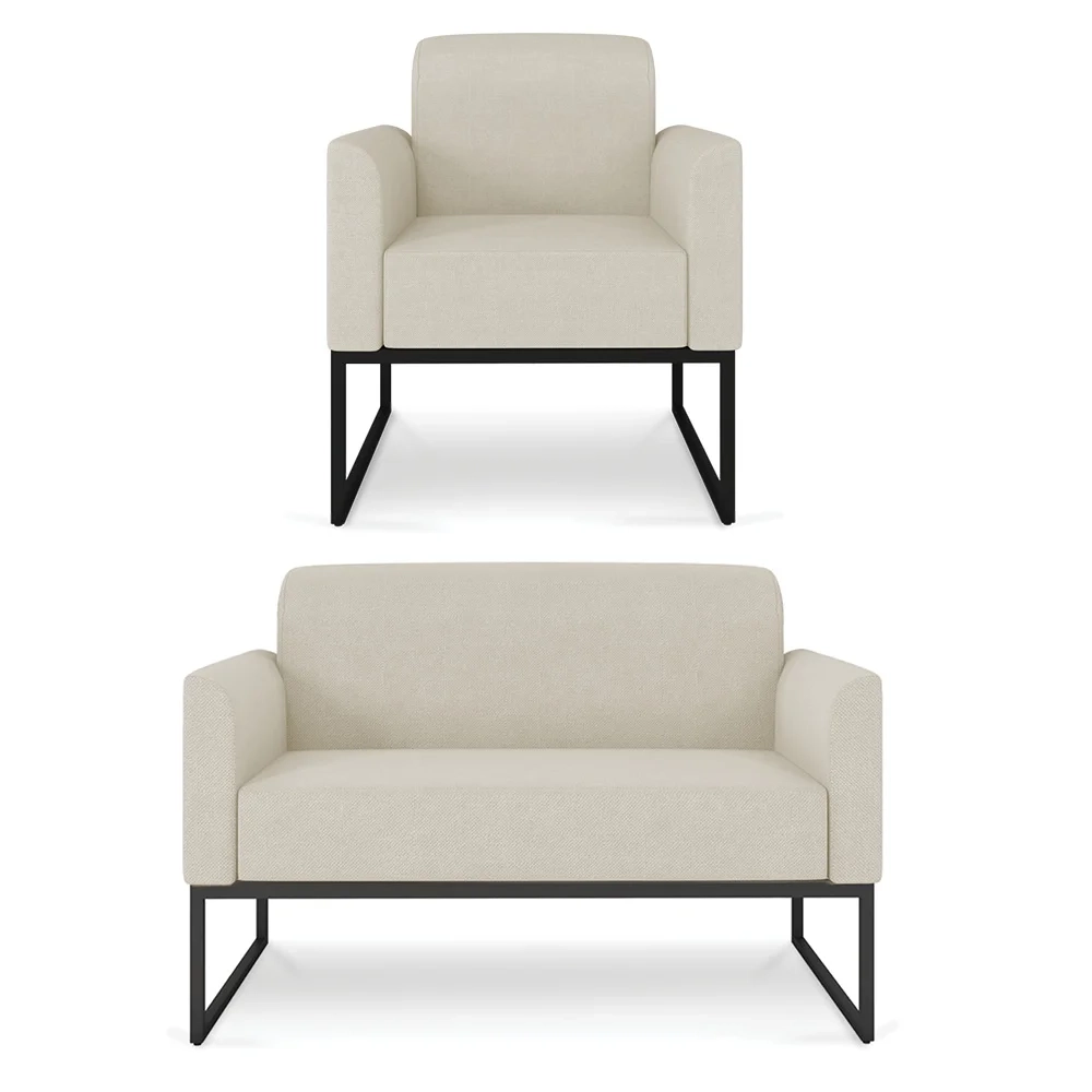 Kit Namoradeira e 1 Poltrona Decorativa Base Industrial Preta Maressa A19 Linho Grosso Bege - Ibiza