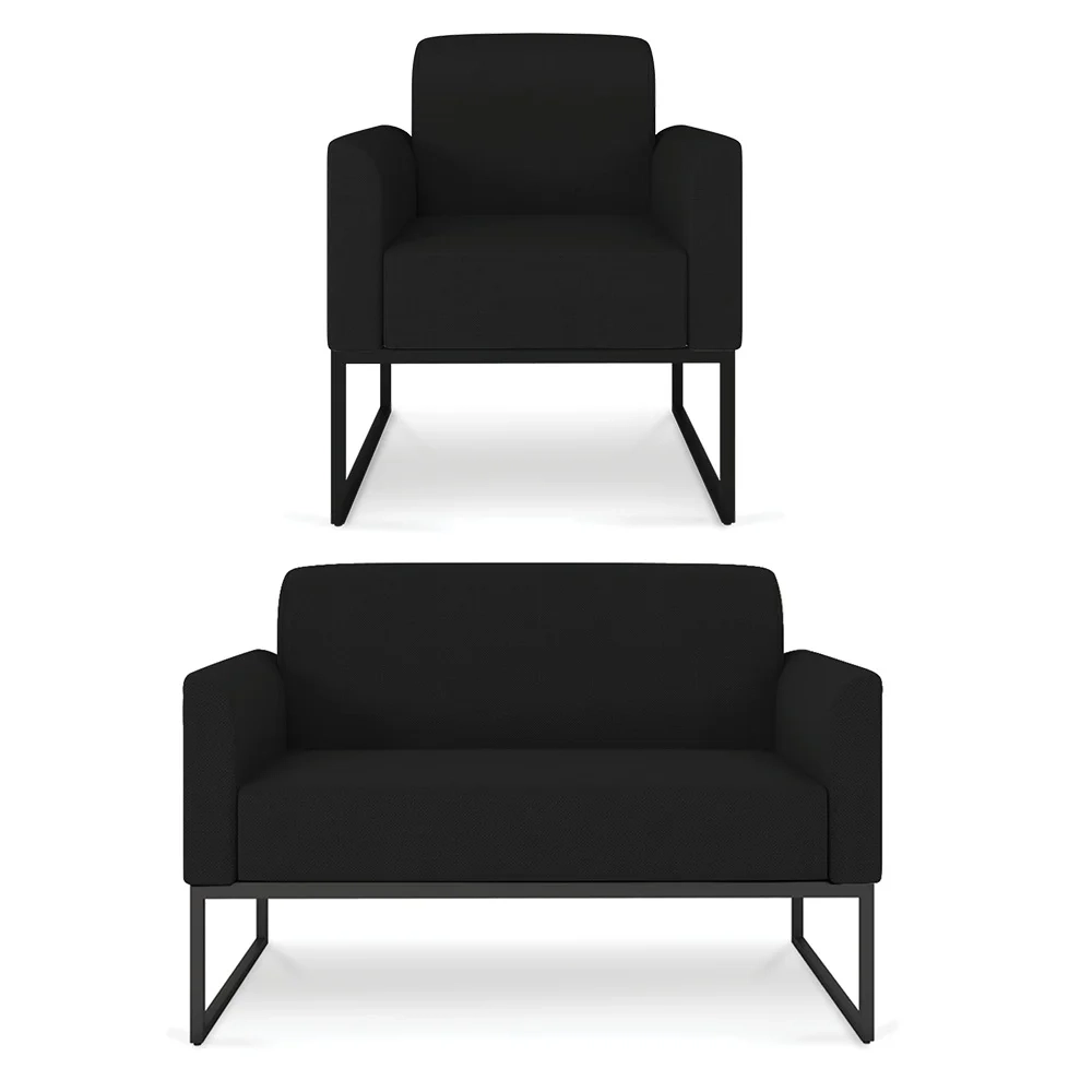 Kit Namoradeira e 1 Poltrona Decorativa Base Industrial Preta Maressa A79 Linho Preto - Ibiza