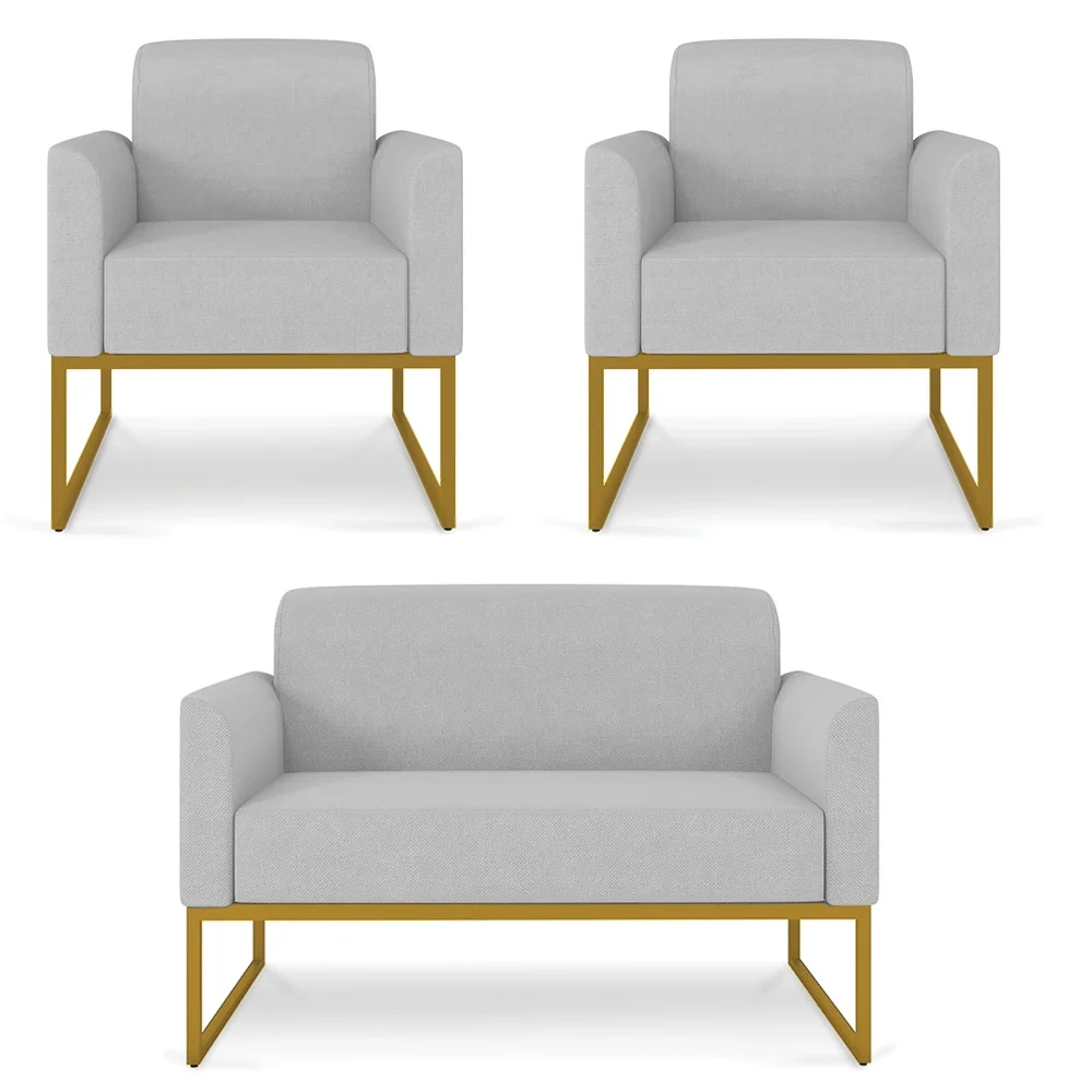 Kit Namoradeira e 2 Poltronas Decorativas Base Industrial Dourada Maressa A05 Linho Cinza Claro - Ibiza