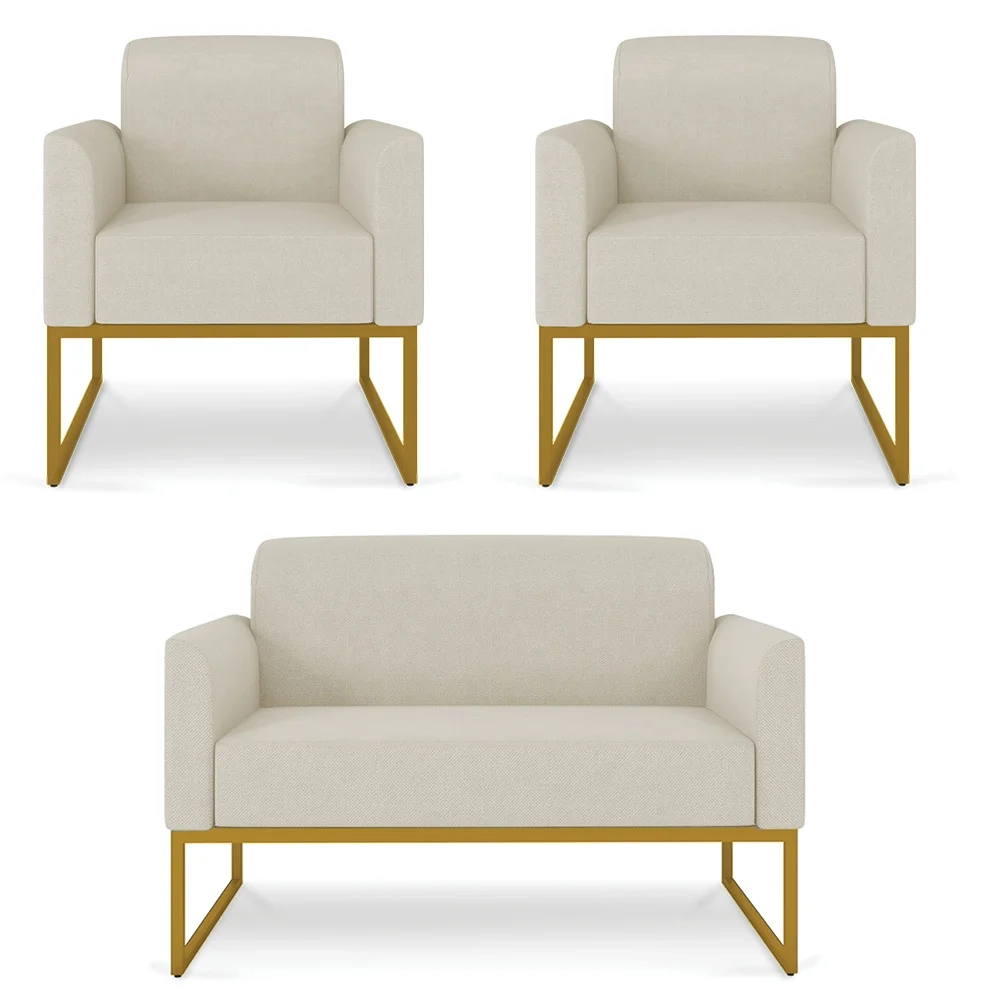 Kit Namoradeira e 2 Poltronas Decorativas Base Industrial Dourada Maressa A19 Linho Grosso Bege - Ibiza