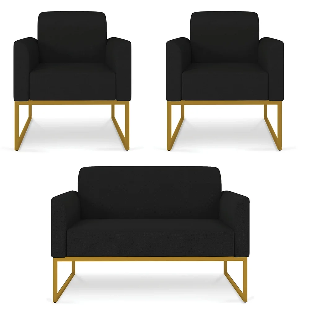 Kit Namoradeira e 2 Poltronas Decorativas Base Industrial Dourada Maressa A79 Linho Preto - Ibiza