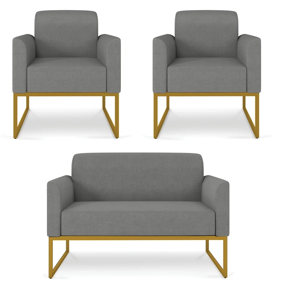 Kit Namoradeira e 2 Poltronas Decorativas Base Industrial Dourada Maressa A26 Linho Grafite - Ibiza