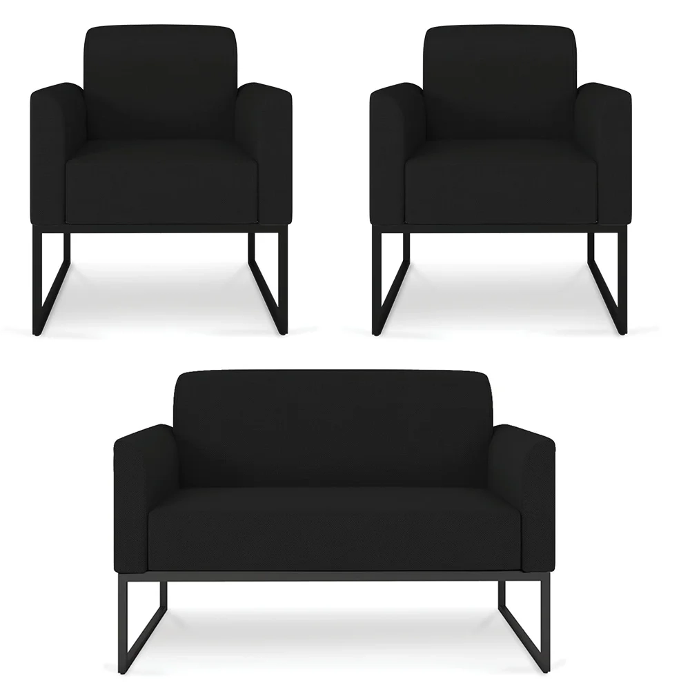Kit Namoradeira e 2 Poltronas Decorativas Base Industrial Preta Maressa A79 Linho Preto - Ibiza