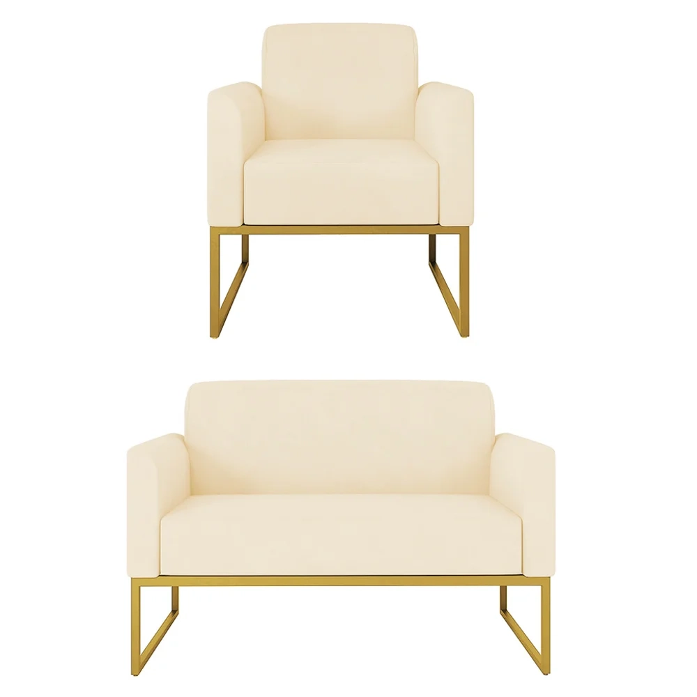 Kit Namoradeira e 1 Poltrona Decorativa Base Industrial Dourada Maressa S03 Suede Bege - Ibiza