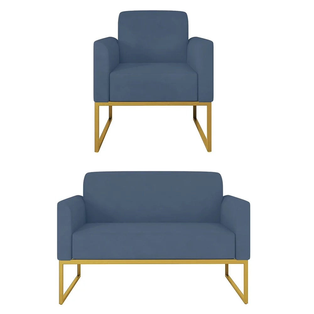 Kit Namoradeira e 1 Poltrona Decorativa Base Industrial Dourada Maressa S04 Suede Azul Marinho - Ibiza