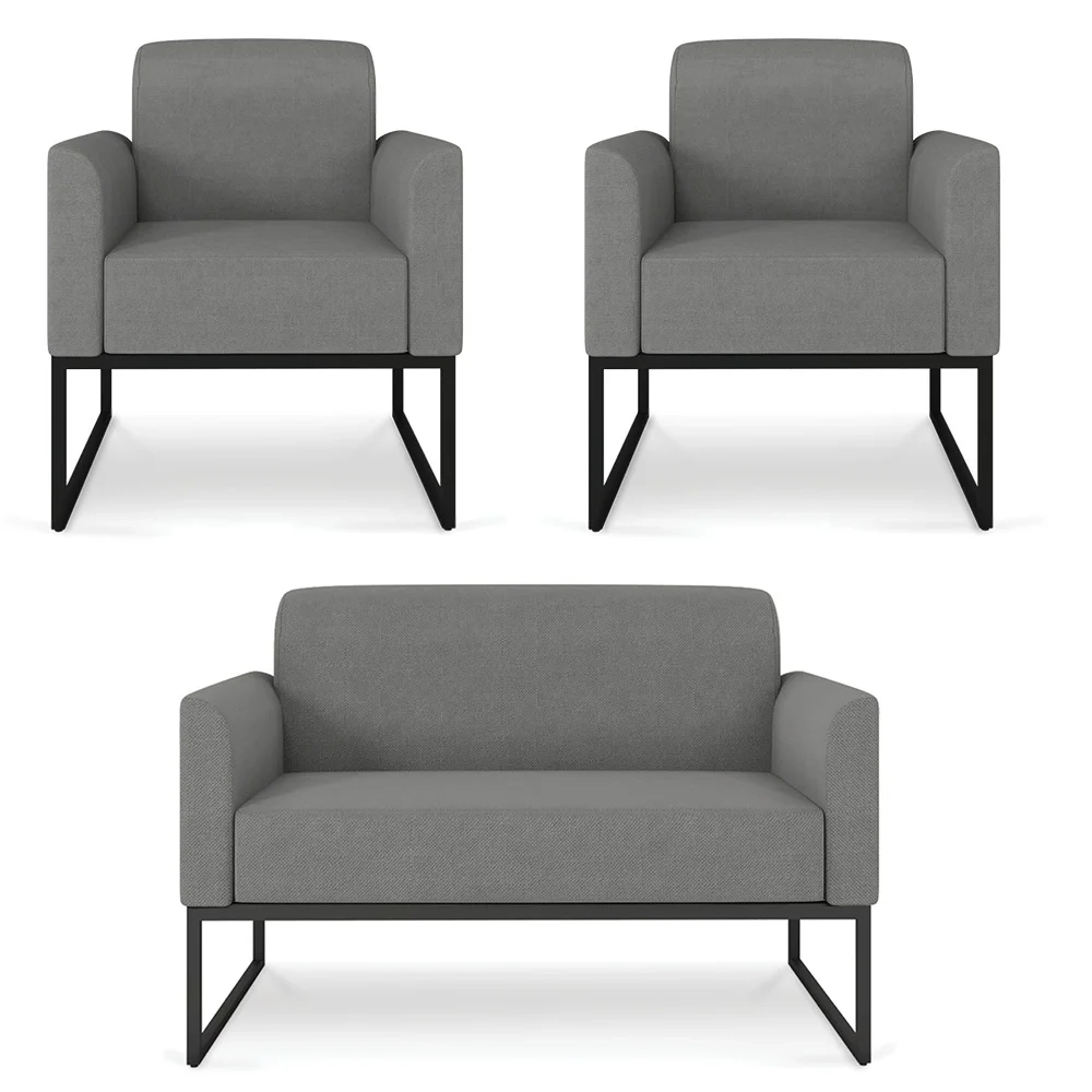 Kit Namoradeira e 2 Poltronas Decorativas Base Industrial Preta Maressa A26 Linho Grafite - Ibiza