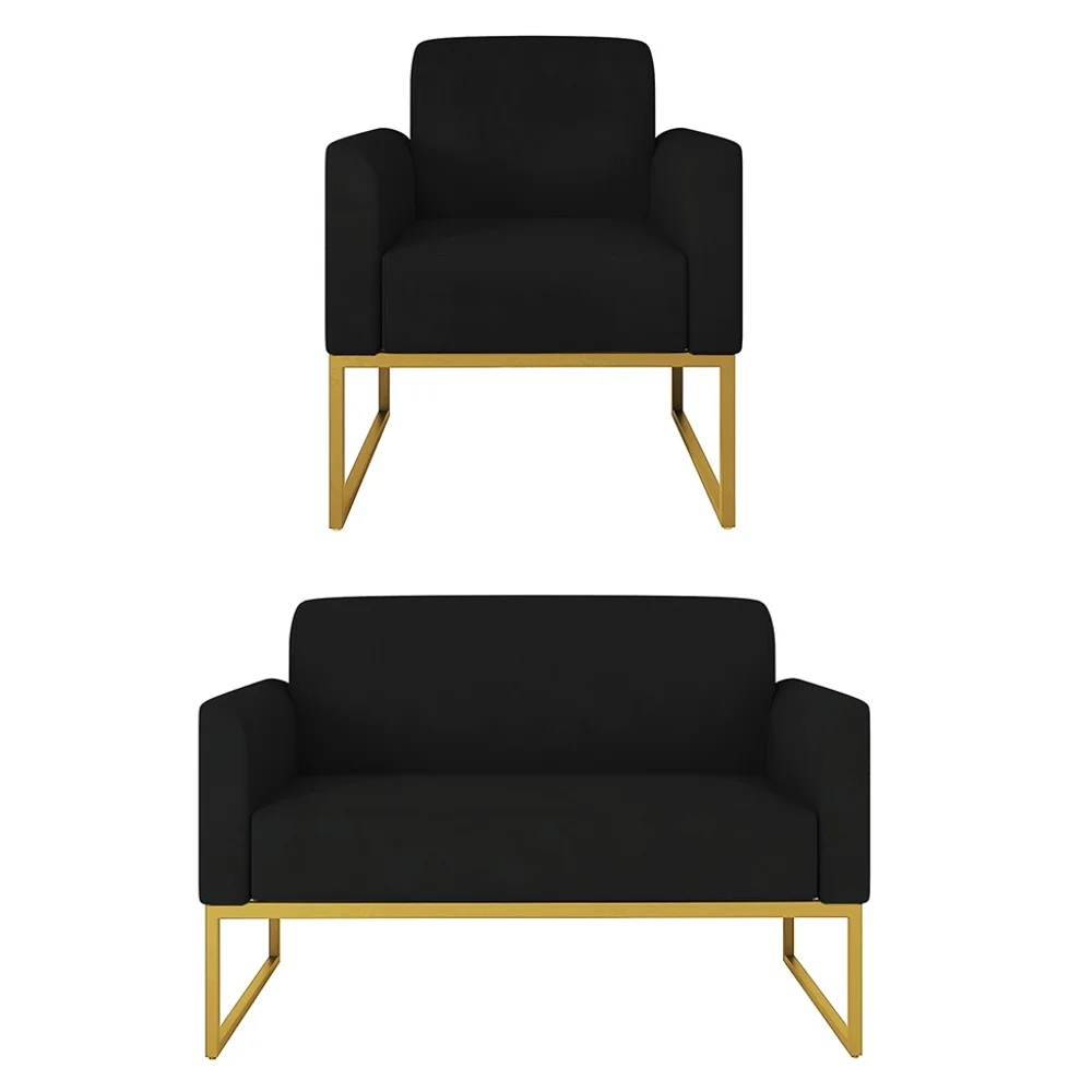 Kit Namoradeira e 1 Poltrona Decorativa Base Industrial Dourada Maressa S07 Suede Preto - Ibiza