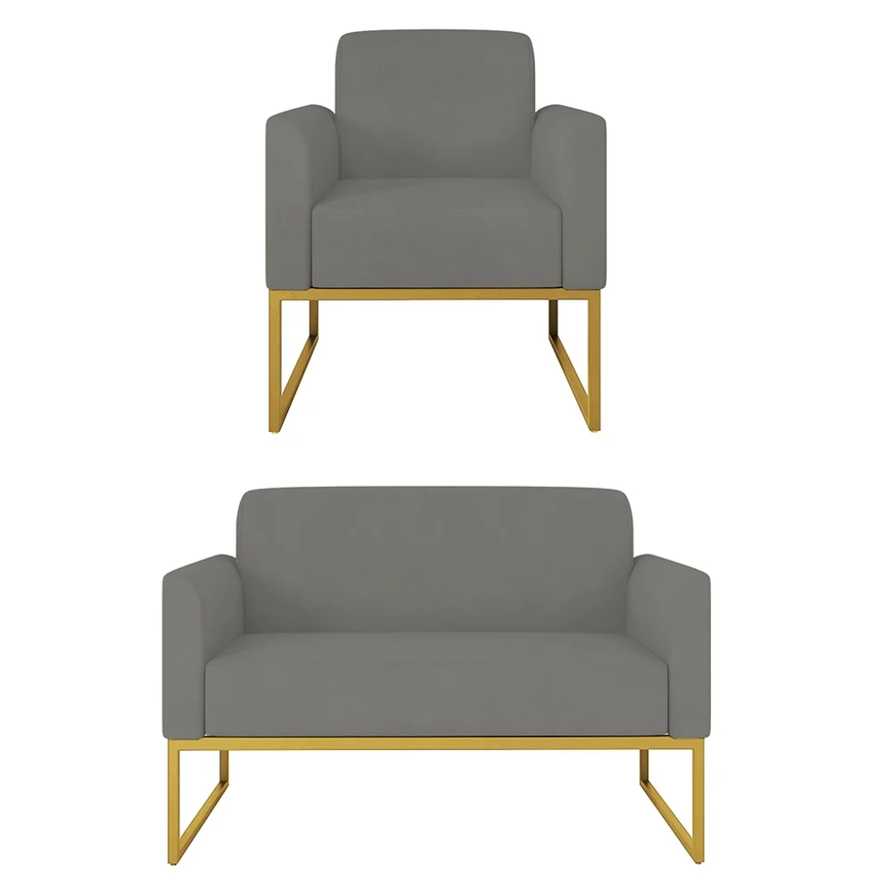 Kit Namoradeira e 1 Poltrona Decorativa Base Industrial Dourada Maressa S08 Suede Grafite - Ibiza