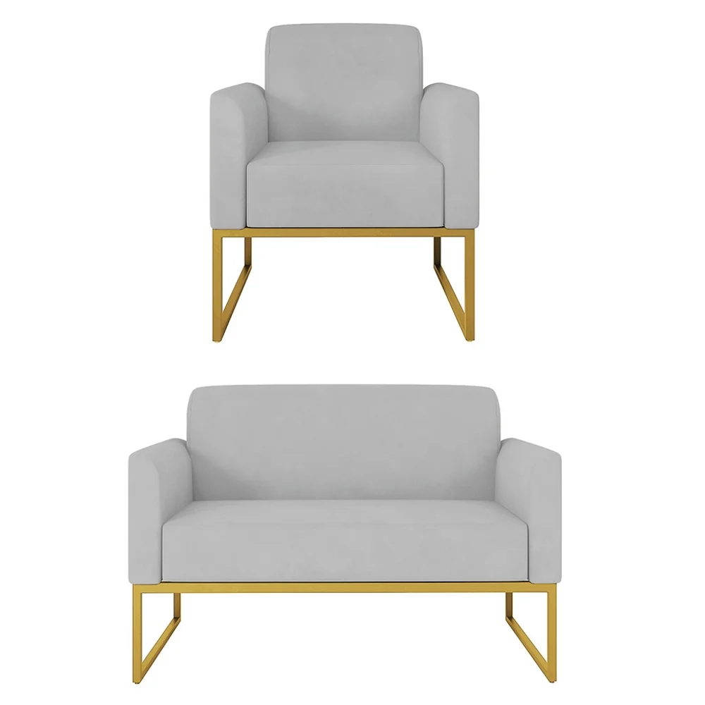 Kit Namoradeira e 1 Poltrona Decorativa Base Industrial Dourada Maressa S10 Suede Cinza - Ibiza