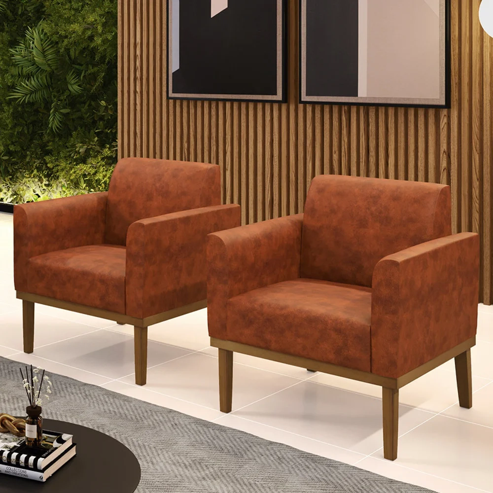 Poltrona Base Madeira Castanho Kit 2 Maressa Sintético PU Nozes - Ibiza