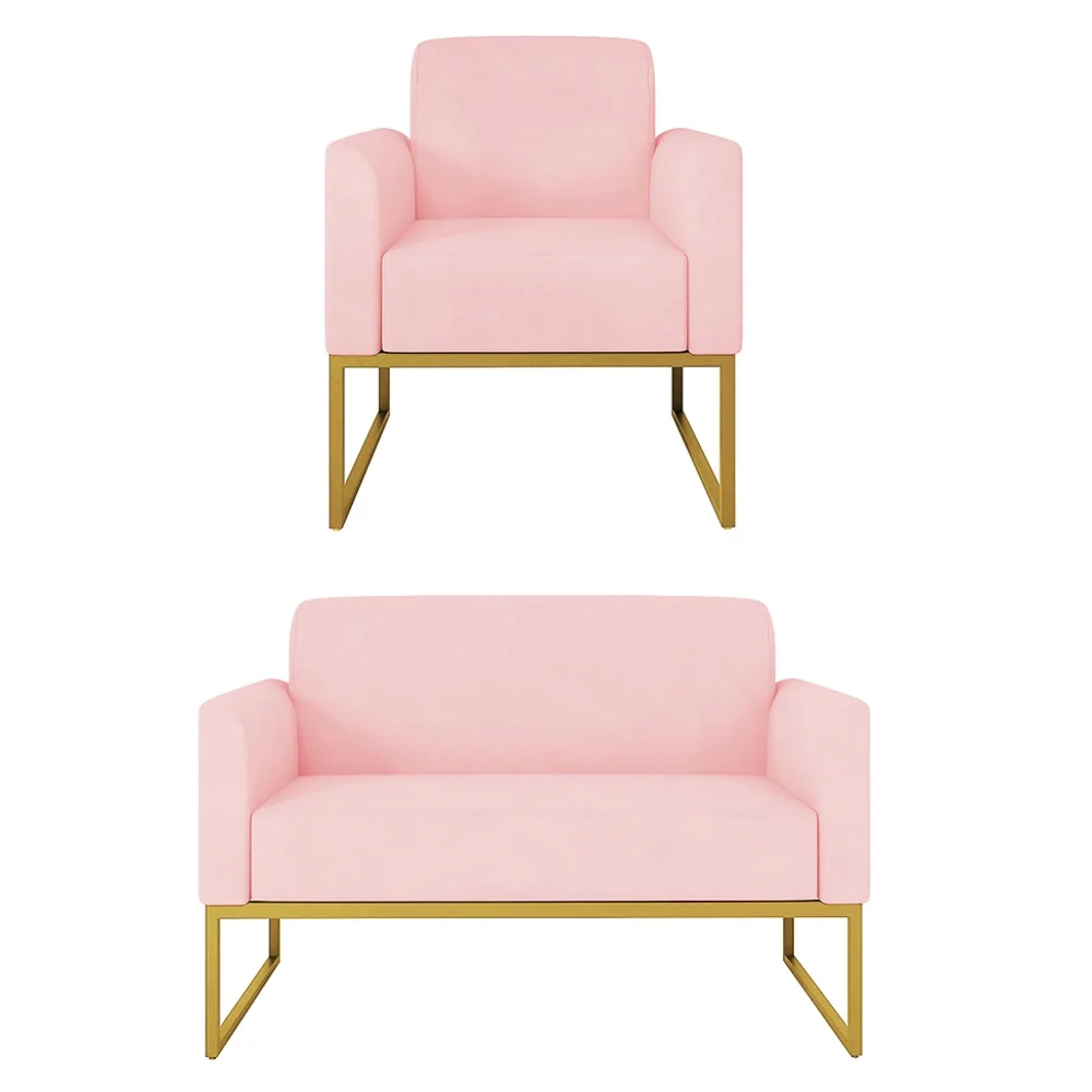 Kit Namoradeira e 1 Poltrona Decorativa Base Industrial Dourada Maressa S19 Suede Rosa Bebê - Ibiza