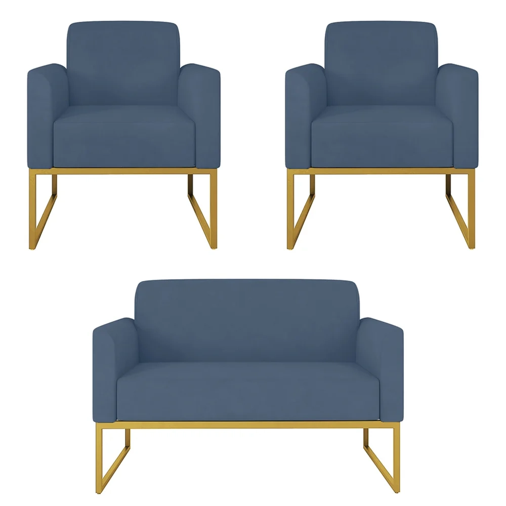 Kit Namoradeira e 2 Poltronas Decorativas Base Industrial Dourada Maressa S04 Suede Azul Marinho - Ibiza