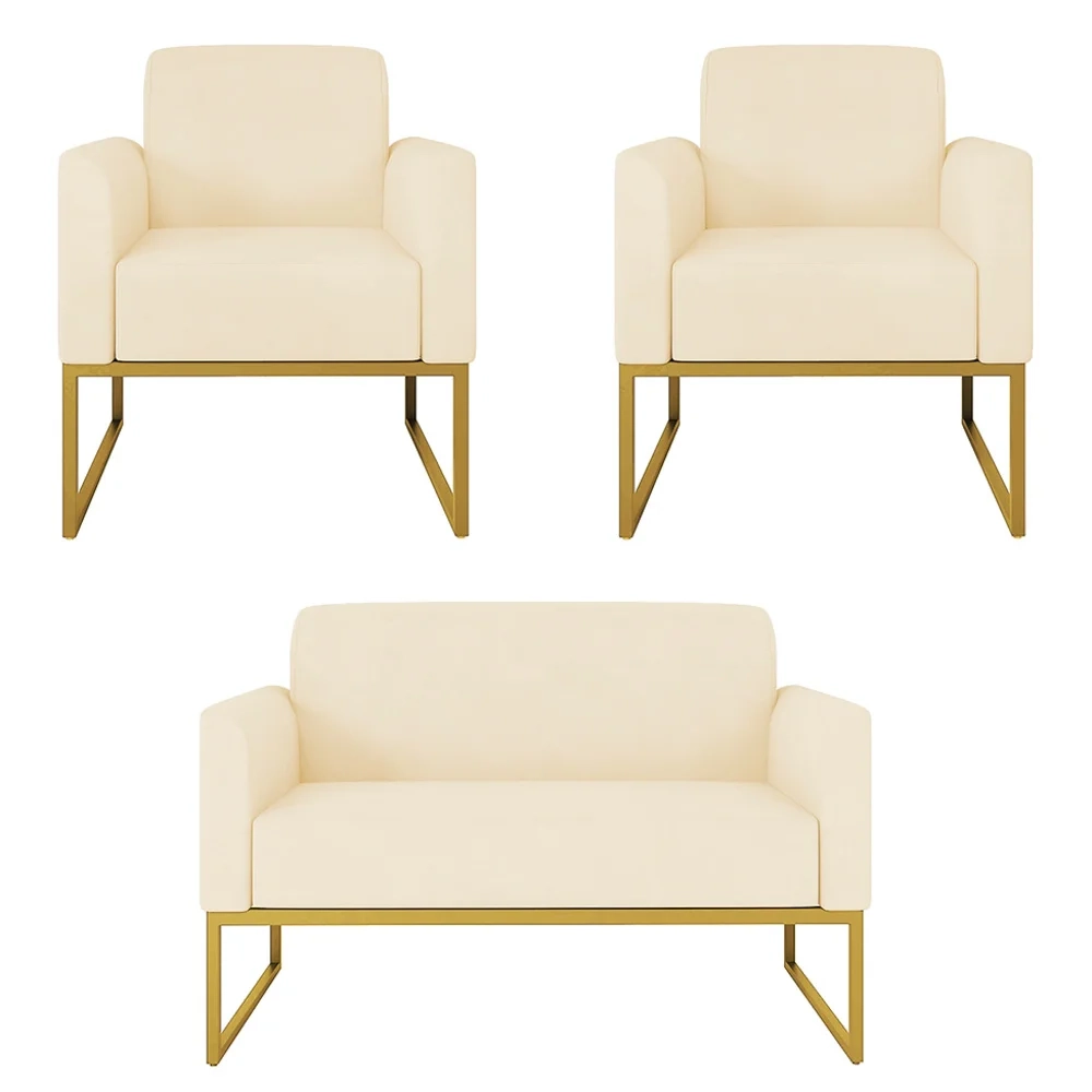 Kit Namoradeira e 2 Poltronas Decorativas Base Industrial Dourada Maressa S03 Suede Bege - Ibiza