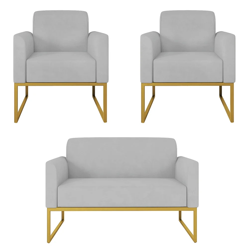 Kit Namoradeira e 2 Poltronas Decorativas Base Industrial Dourada Maressa S10 Suede Cinza - Ibiza