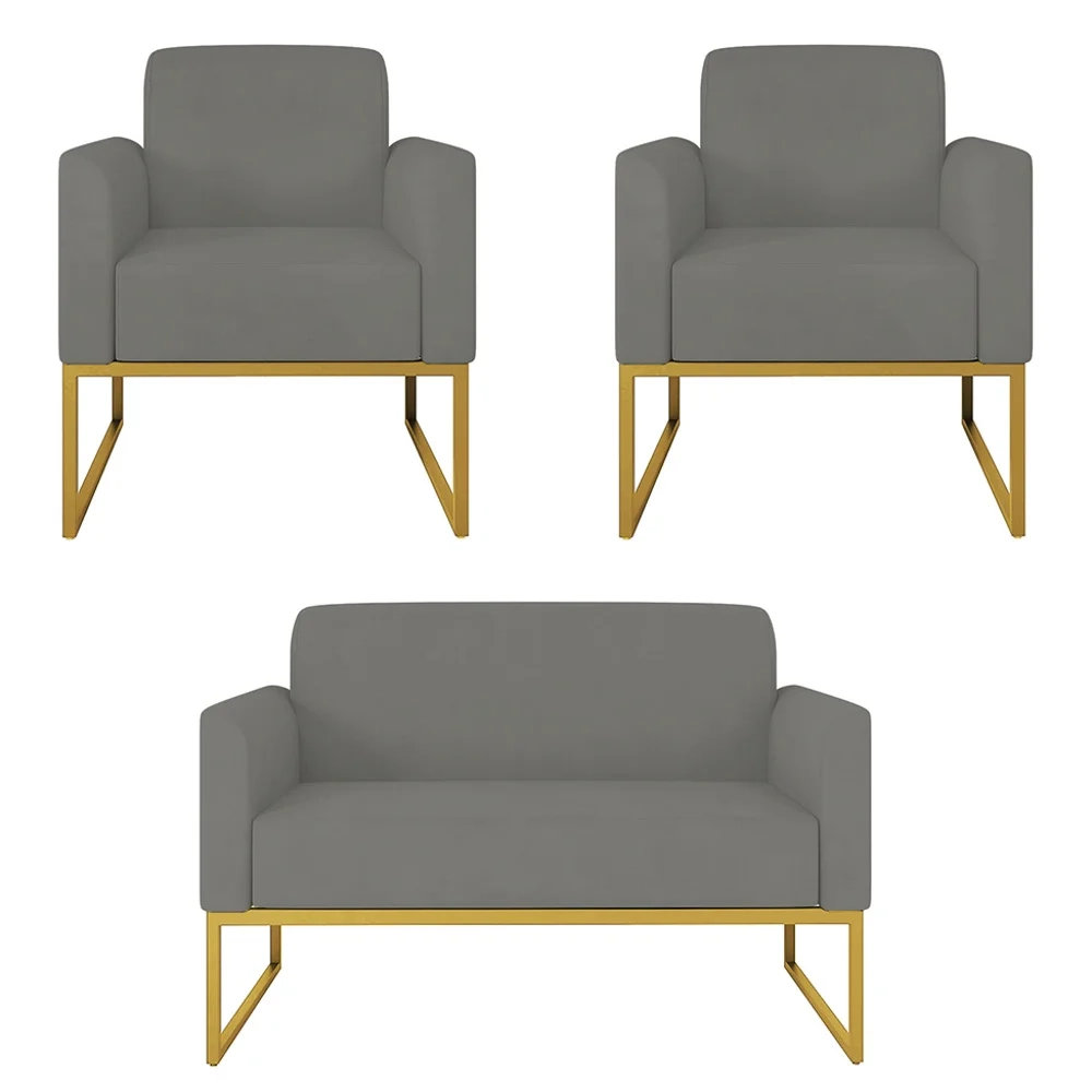 Kit Namoradeira e 2 Poltronas Decorativas Base Industrial Dourada Maressa S08 Suede Grafite - Ibiza