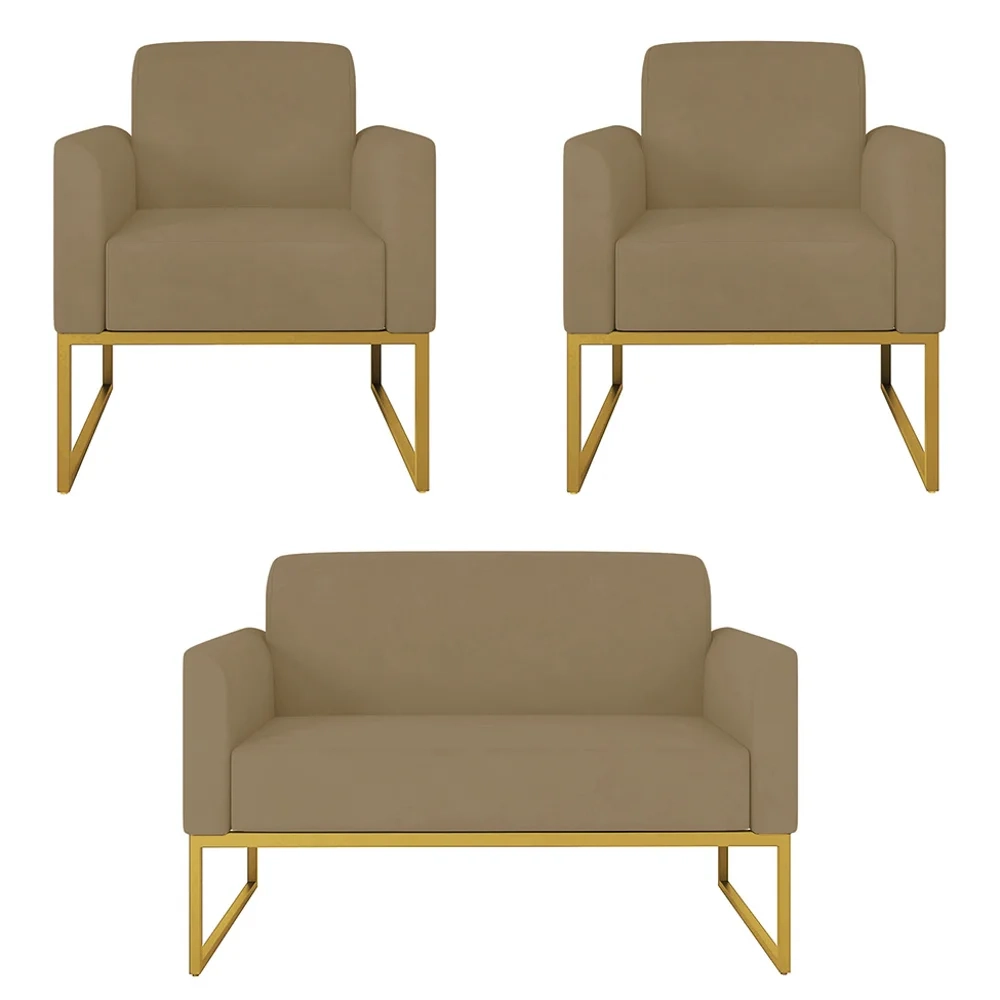 Kit Namoradeira e 2 Poltronas Decorativas Base Industrial Dourada Maressa S12 Suede Marrom Rato - Ibiza