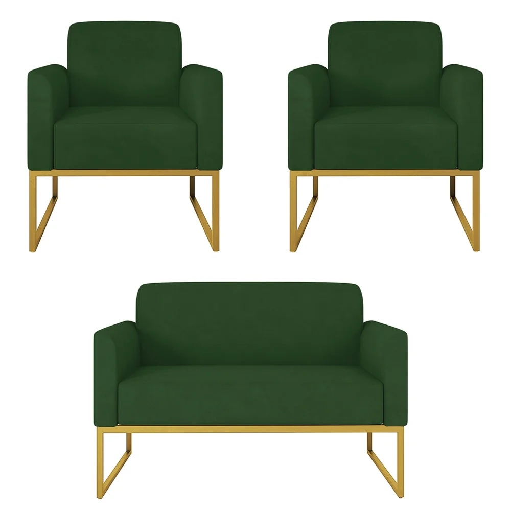 Kit Namoradeira e 2 Poltronas Decorativas Base Industrial Dourada Maressa S23 Suede Verde - Ibiza