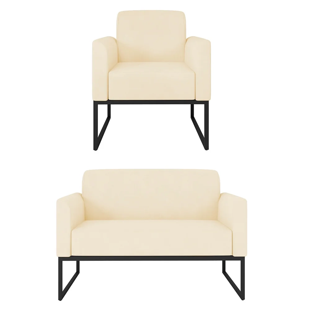 Kit Namoradeira e 1 Poltrona Decorativa Base Industrial Preta Maressa S03 Suede Bege - Ibiza