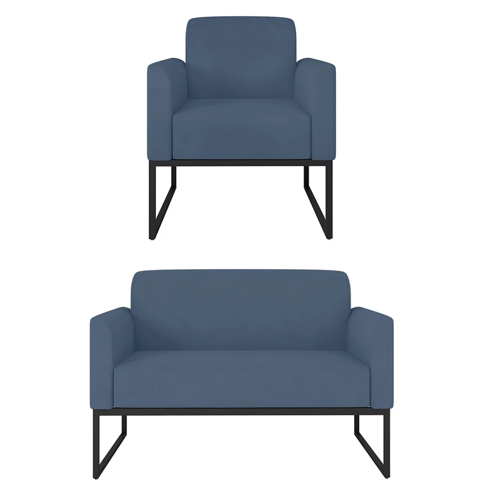 Kit Namoradeira e 1 Poltrona Decorativa Base Industrial Preta Maressa S04 Suede Azul Marinho - Ibiza