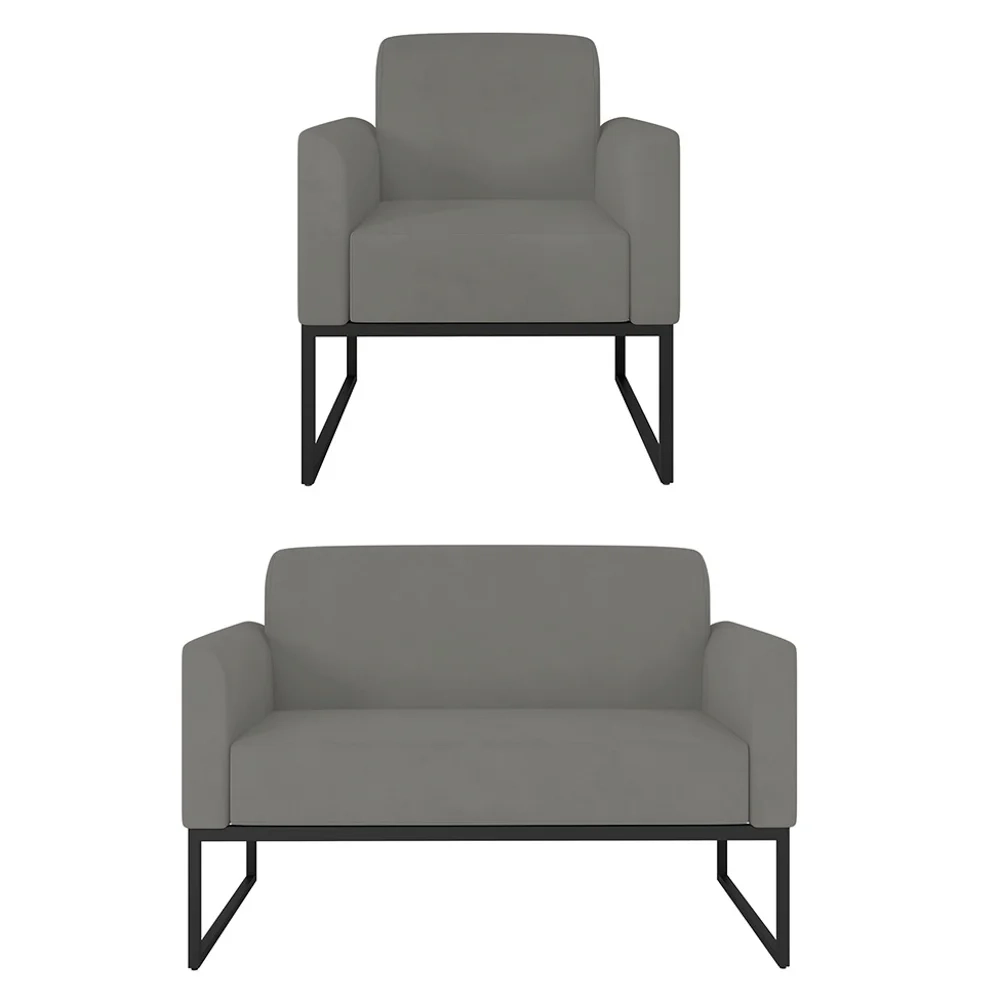 Kit Namoradeira e 1 Poltrona Decorativa Base Industrial Preta Maressa S08 Suede Grafite - Ibiza