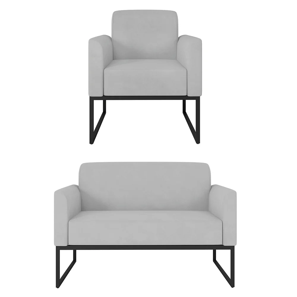 Kit Namoradeira e 1 Poltrona Decorativa Base Industrial Preta Maressa S10 Suede Cinza - Ibiza