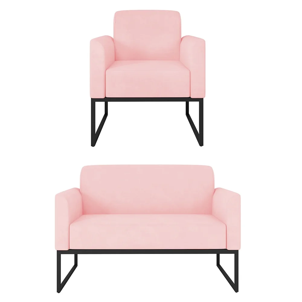 Kit Namoradeira e 1 Poltrona Decorativa Base Industrial Preta Maressa S19 Suede Rosa Bebê - Ibiza