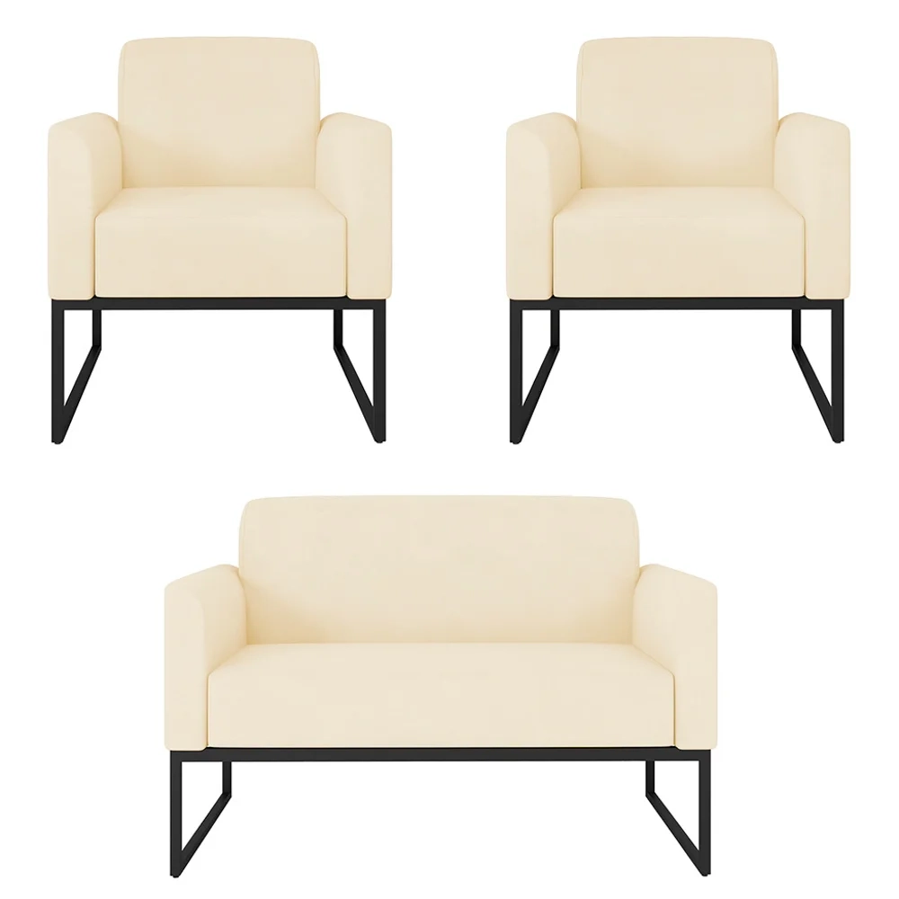 Kit Namoradeira e 2 Poltronas Decorativas Base Industrial Preta Maressa S03 Suede Bege - Ibiza
