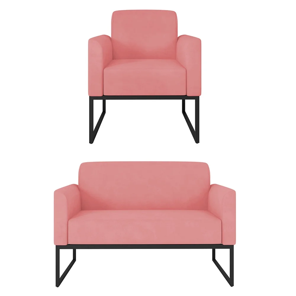 Kit Namoradeira e 1 Poltrona Decorativa Base Industrial Preta Maressa S17 Suede Rosê - Ibiza
