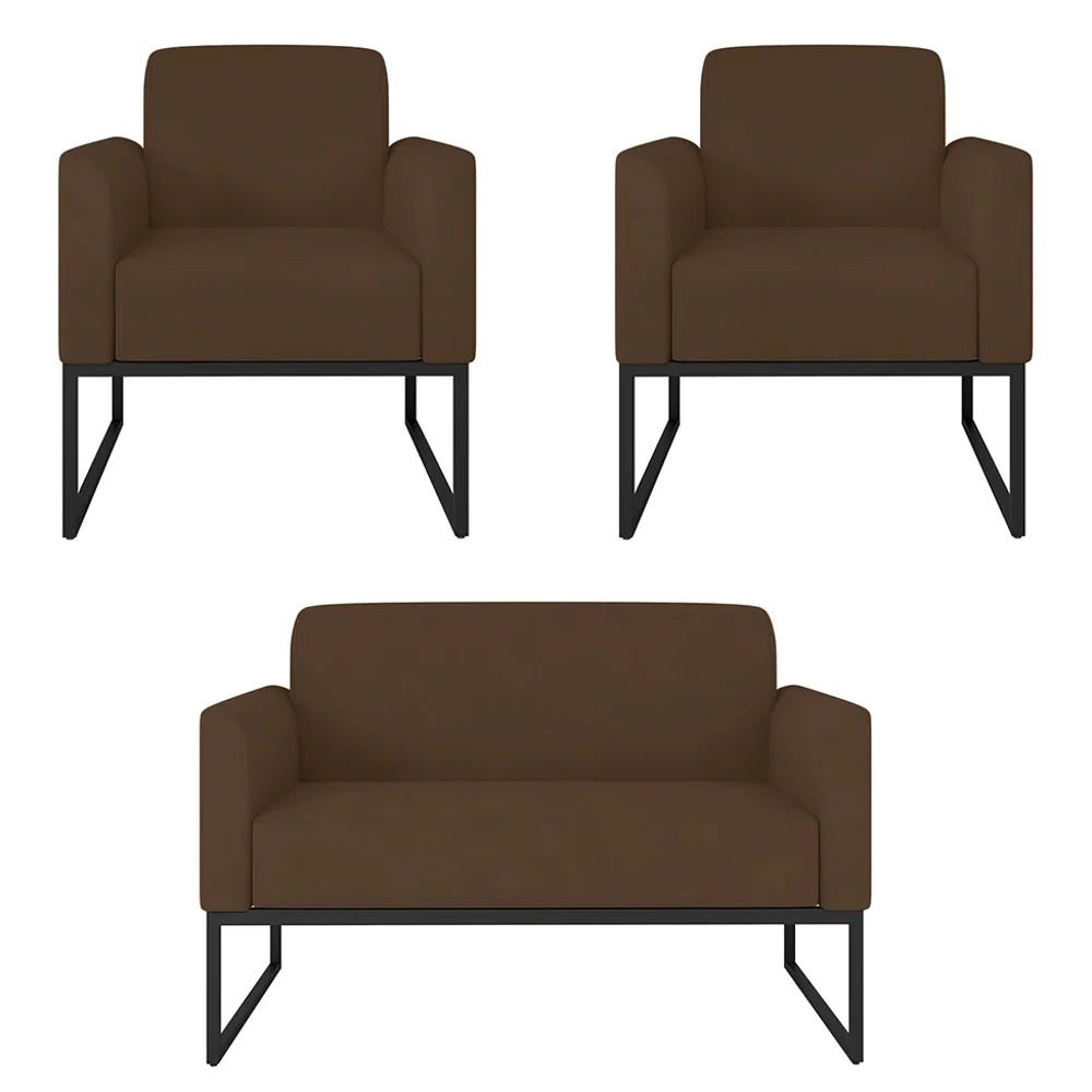 Kit Namoradeira e 2 Poltronas Decorativas Base Industrial Preta Maressa S06 Suede Marrom - Ibiza