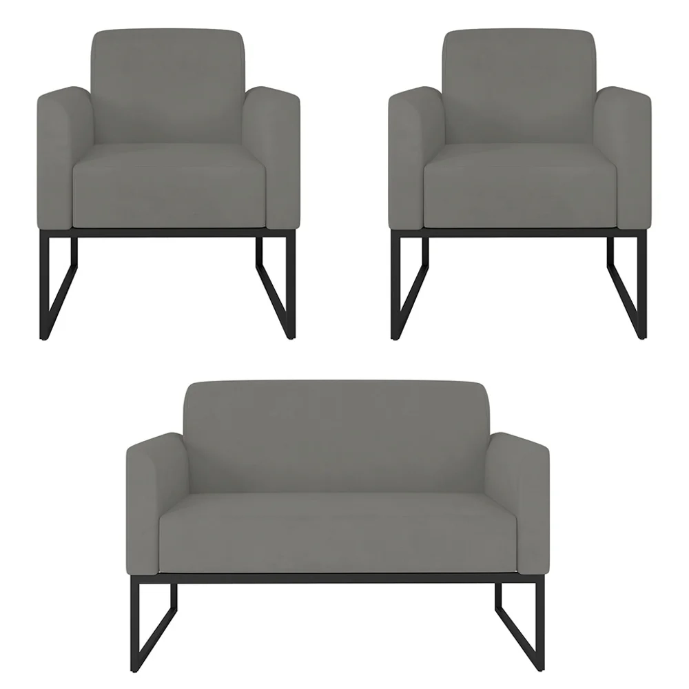 Kit Namoradeira e 2 Poltronas Decorativas Base Industrial Preta Maressa S08 Suede Grafite - Ibiza