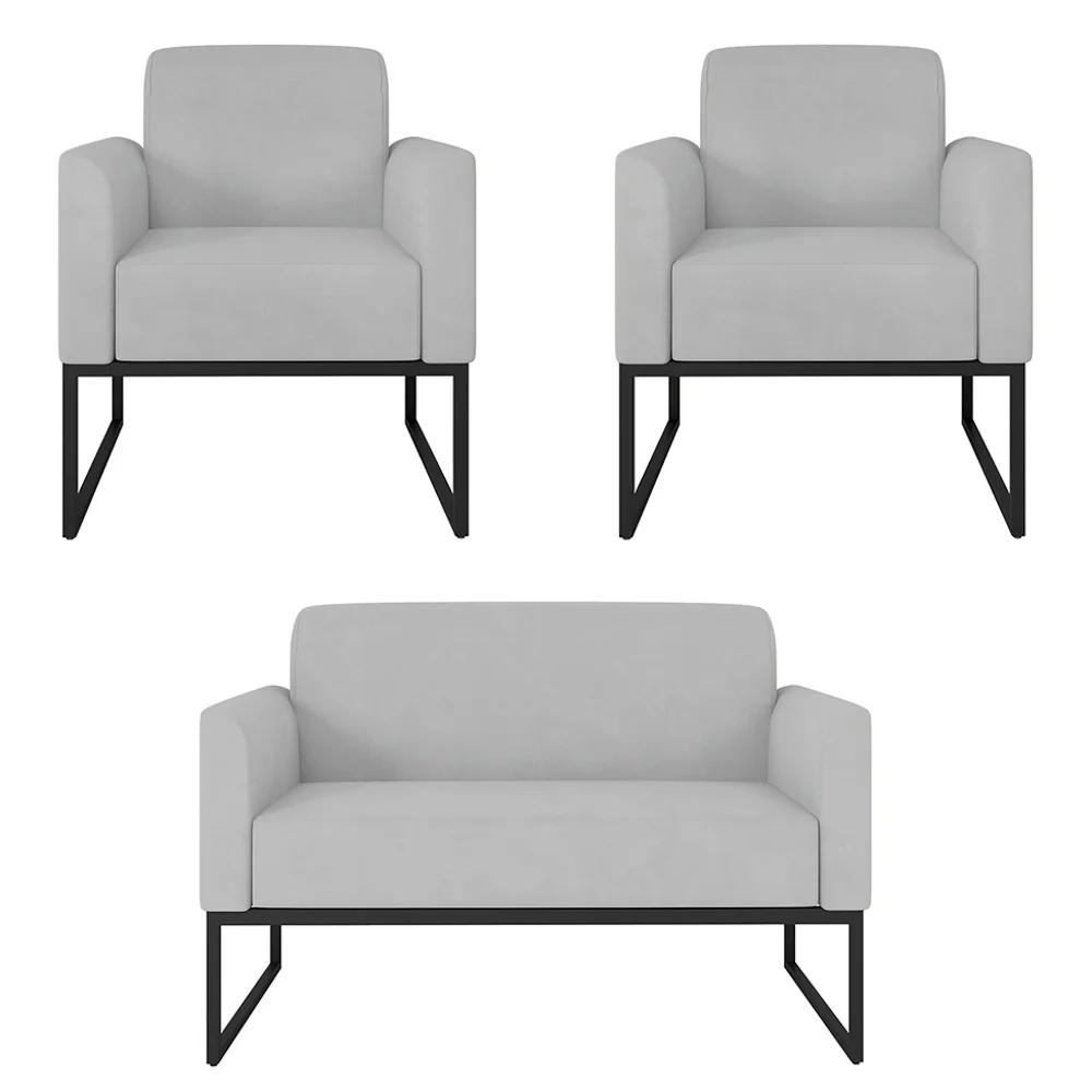 Kit Namoradeira e 2 Poltronas Decorativas Base Industrial Preta Maressa S10 Suede Cinza - Ibiza