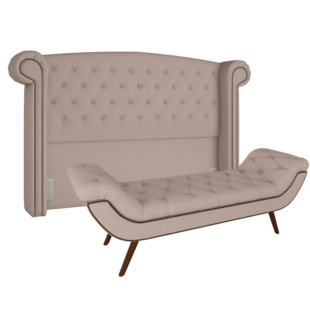 Cabeceira Cama Box Casal King 195cm Provença com Calçadeira Vêneto Z37 Linho Bege Cru - Mpozenato